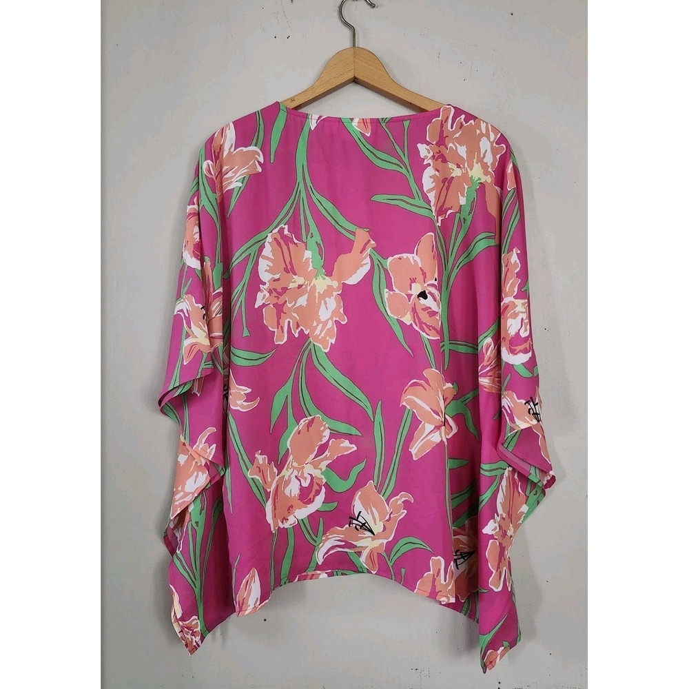 Quacker Factory Womens Sz Small Pink Floral Lace Trim Kimono Blouse Tropical Top - Picture 4 of 5